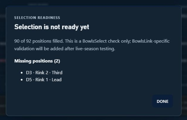 Selection Readiness check showing clear review items before a side is finalised