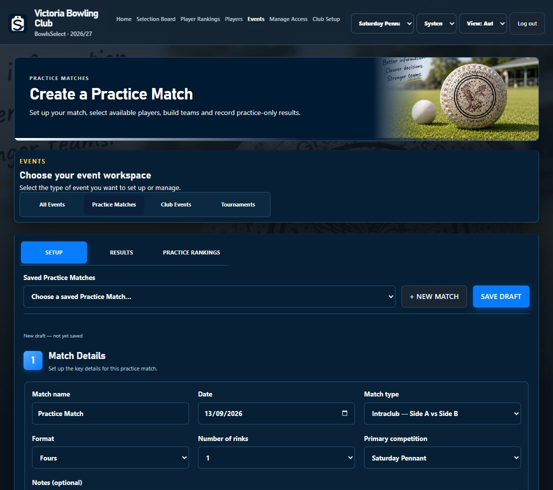 BowlsSelect Practice Match setup with match details and player sources