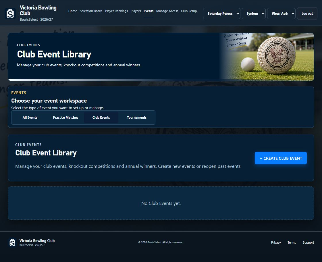 BowlsSelect Club Event Library for member knockout events