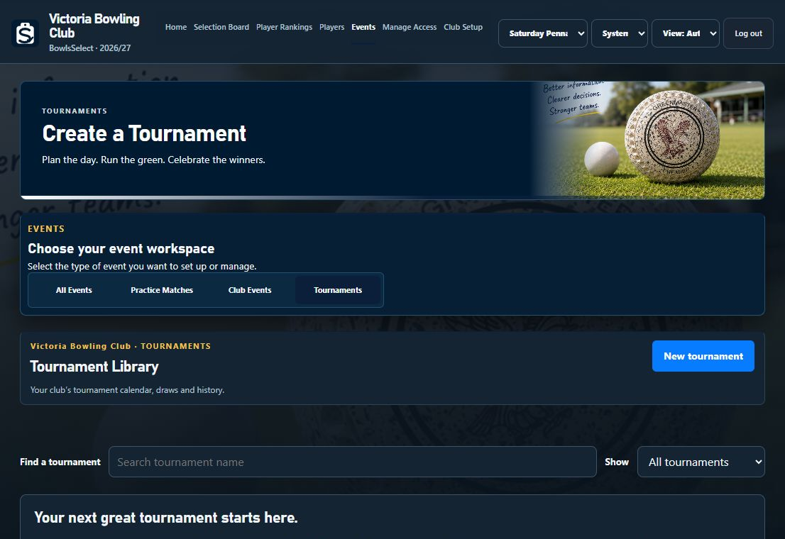 BowlsSelect Tournament Library for reusable tournament editions