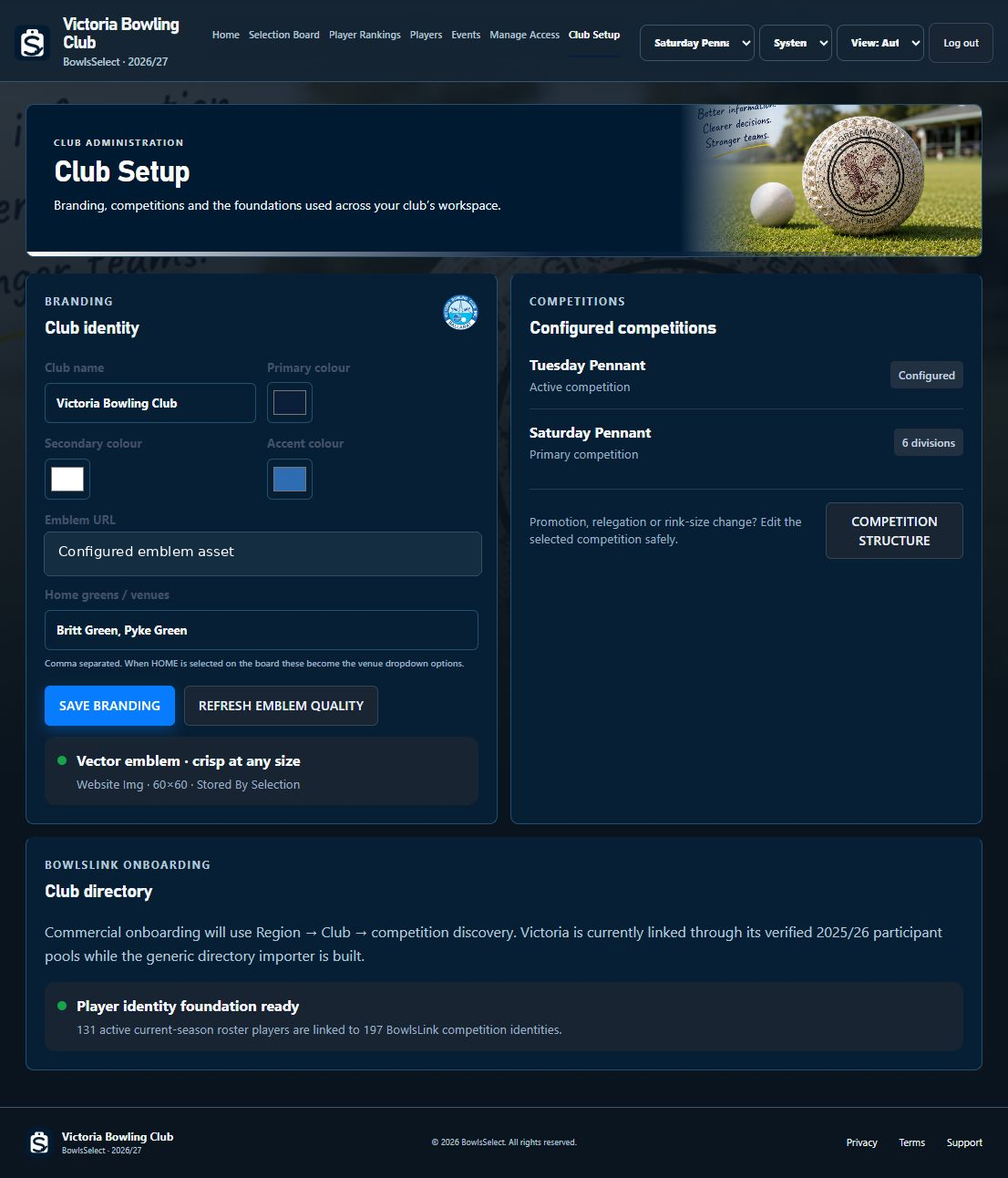 Sanitised BowlsSelect Club Setup page with club and competition configuration