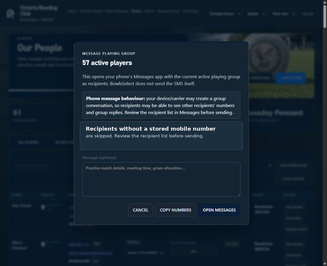 Sanitised BowlsSelect message playing group workflow with match information prepared for players